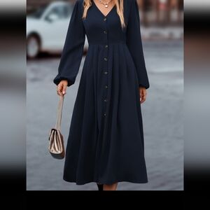 Navy Blue Long Sleeve Maxi Dress